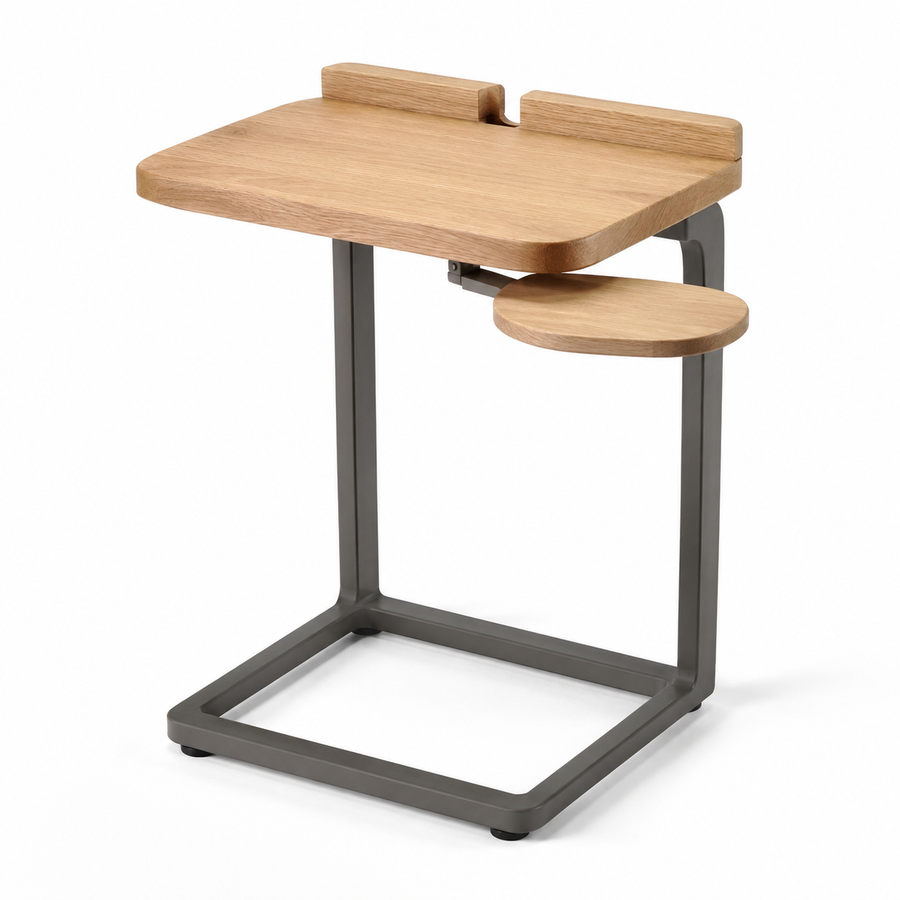 C-Shaped Sofa Side Table with Cup Platform and Cable Ledge