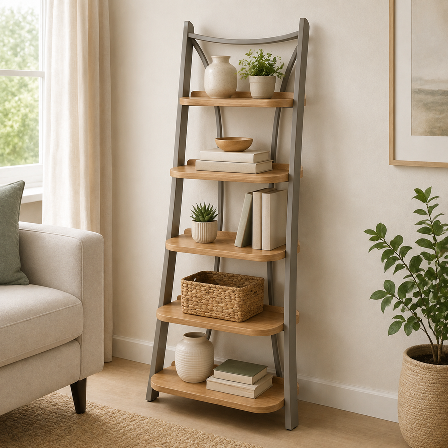 68-Inch 5-Tier Leaning Ladder Shelf with Stabilizer Rail