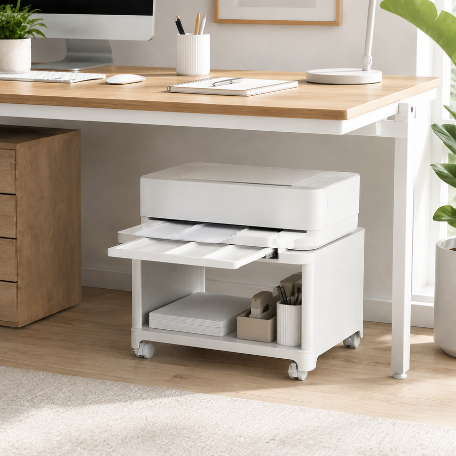 Compact 2-Tier Rolling Printer Stand with Pull-Out Paper Tray